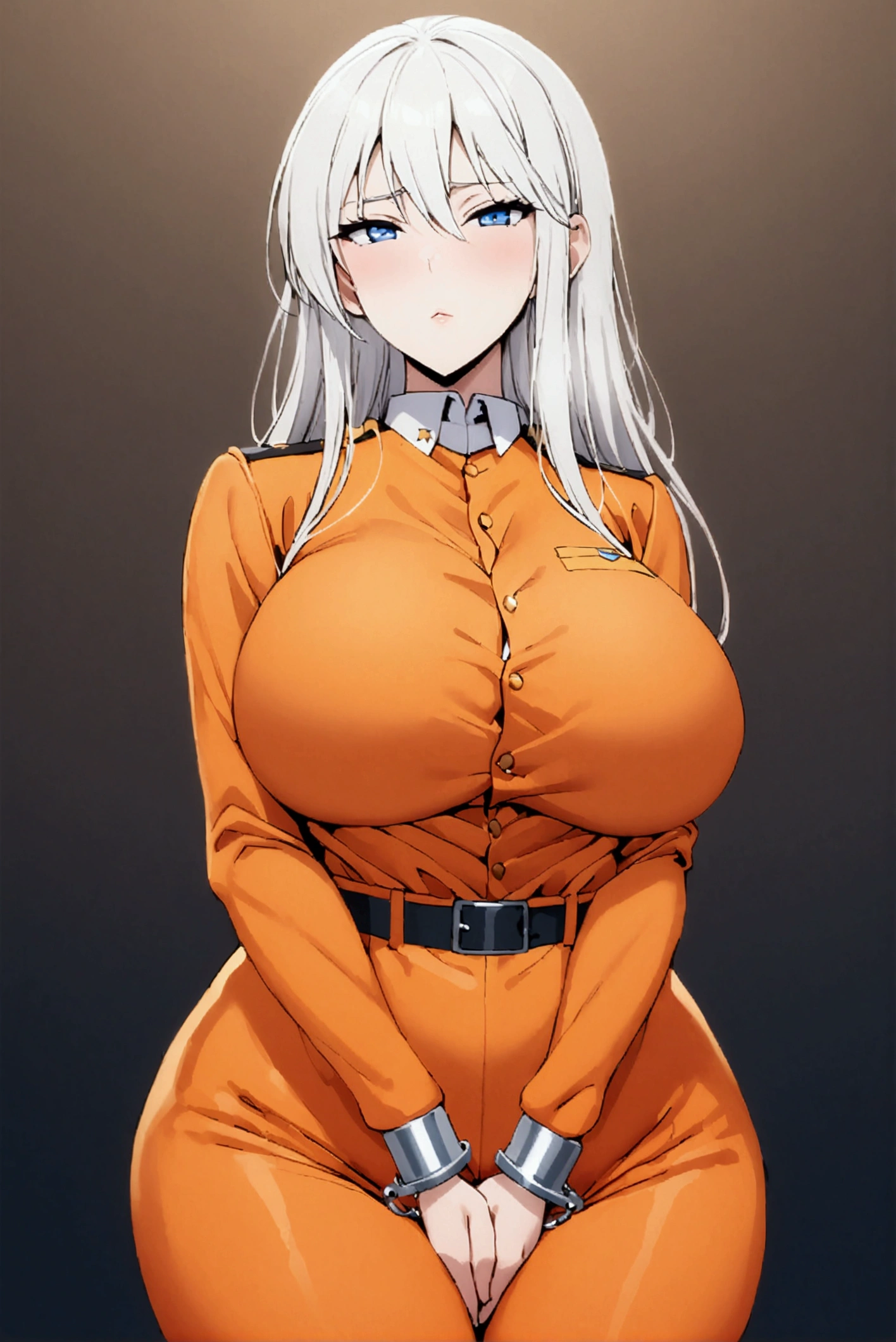 ,orange jumpsuit, uniform, orange pants,Waist Chain, Hands tucked in between thighs, arms tucked in between thighs, Handcuffs, big breasts, long white hair, blue eyes, milf