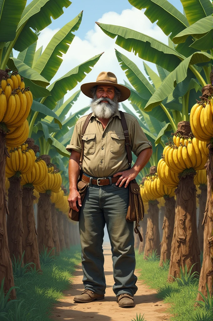 Create a drawing of a man with a beard and a hat , checking his banana plantation, Make the plants have hanging bananas