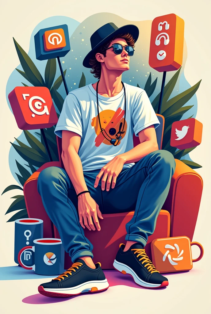 A breathtaking, ultra-high-resolution illustration of a social media cover picture featuring marketer "numhb-mrk" surrounded by a vibrant, stylized arrangement of vector icons representing various social media platforms, presented in a modern, abstract design. The marketer is depicted in a relaxed, casual pose, wearing a trendy t-shirt with a unique graphic print, paired with a fashionable hat and stylish accessories, set against a subtle, gradient background that transitions from soft blues to warm oranges. The surrounding vectors showcase a collection of merchandise, including mugs, hoodies, and hats, all adorned with bold, colorful logos and graphics, blending seamlessly into the composition. The overall aesthetic is youthful, dynamic, and attention-grabbing, with bold lines, geometric shapes, and a mix of matte and metallic textures, ensuring the image pops against a variety of digital backdrops.