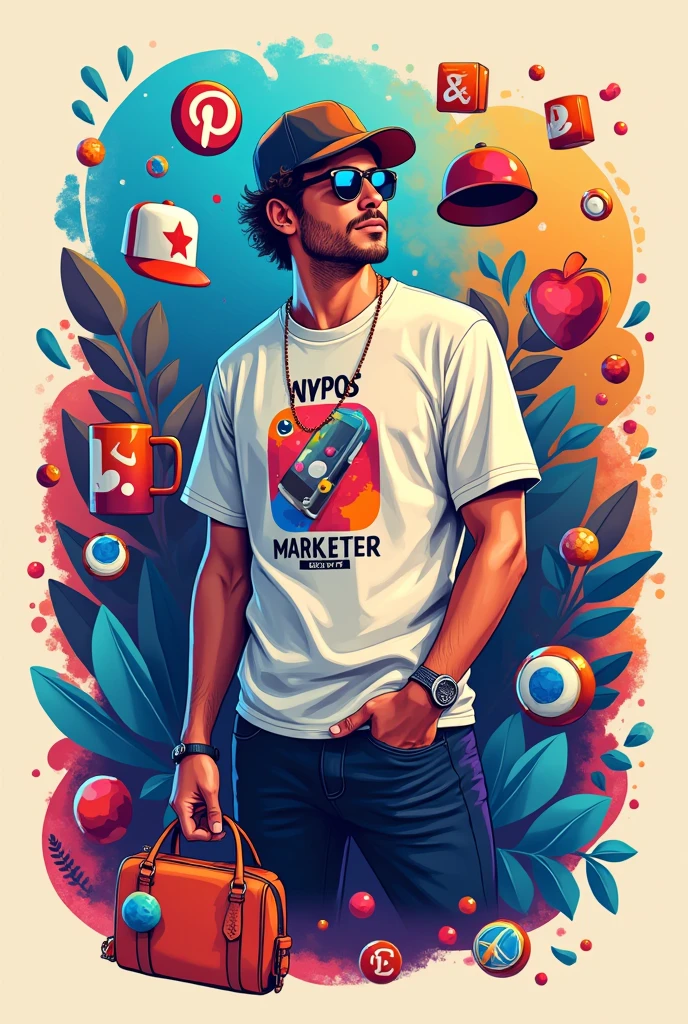 A breathtaking, ultra-high-resolution illustration of a social media cover picture featuring marketer "numhb-mrk" surrounded by a vibrant, stylized arrangement of vector icons representing various social media platforms, presented in a modern, abstract design. The marketer is depicted in a relaxed, casual pose, wearing a trendy t-shirt with a unique graphic print, paired with a fashionable hat and stylish accessories, set against a subtle, gradient background that transitions from soft blues to warm oranges. The surrounding vectors showcase a collection of merchandise, including mugs, hoodies, and hats, all adorned with bold, colorful logos and graphics, blending seamlessly into the composition. The overall aesthetic is youthful, dynamic, and attention-grabbing, with bold lines, geometric shapes, and a mix of matte and metallic textures, ensuring the image pops against a variety of digital backdrops.