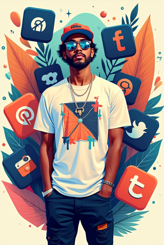 A breathtaking, ultra-high-resolution illustration of a social media cover picture featuring marketer "numhb-mrk" surrounded by a vibrant, stylized arrangement of vector icons representing various social media platforms, presented in a modern, abstract design. The marketer is depicted in a relaxed, casual pose, wearing a trendy t-shirt with a unique graphic print, paired with a fashionable hat and stylish accessories, set against a subtle, gradient background that transitions from soft blues to warm oranges. The surrounding vectors showcase a collection of merchandise, including mugs, hoodies, and hats, all adorned with bold, colorful logos and graphics, blending seamlessly into the composition. The overall aesthetic is youthful, dynamic, and attention-grabbing, with bold lines, geometric shapes, and a mix of matte and metallic textures, ensuring the image pops against a variety of digital backdrops.