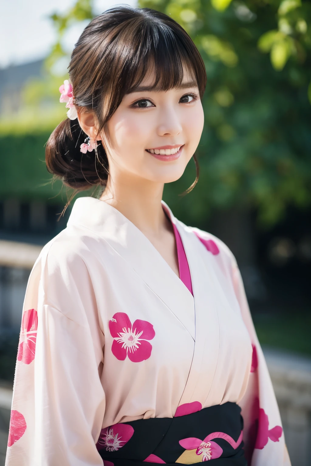 1 person, (Wearing a cute pink yukata.:1.2), Very beautiful Japanese idol portraits, (Young Face),
(RAW Photos, Highest quality), (Realistic, Realistic:1.4), (masterpiece), 
Very delicate and beautiful, Very detailed, 2k wallpaper, wonderful, finely, Very detailed CG Unity 8k 壁紙, Very detailed, High resolution, Soft Light, 
Beautiful details, Very detailed目と顔, Beautiful and sophisticated nose, Beautiful and beautiful eyes, Cinema Lighting, 
(Commemorative photo at the Loire Castle:1.3), 
(Japanese hairstyle), (Tie your hair at the back:1.3), (bangs), (hairpin), 
Complete Anatomy, Slender body, Small breasts, smile