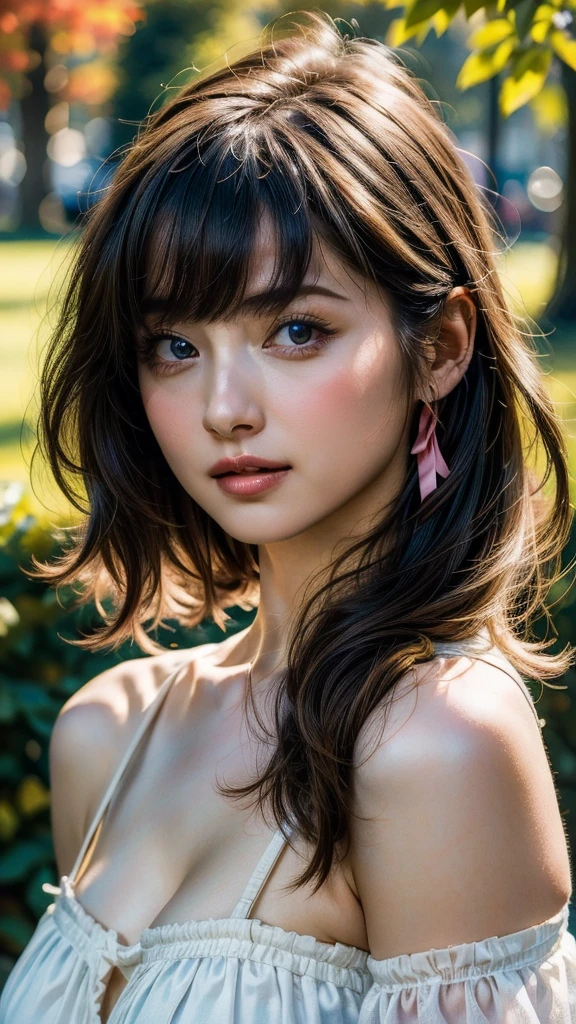 (8k, Highest quality, masterpiece:1.2),(Highest quality:1.2), (Ultra-high resolution:1.0), watercolor, Beautiful woman, shoulder, Hair Ribbon, Agnes Cecil, Half Body Portrait, Very bright and luminous design, pastel colour, (ink:1.3), Autumn Light,Large Breasts:1.8