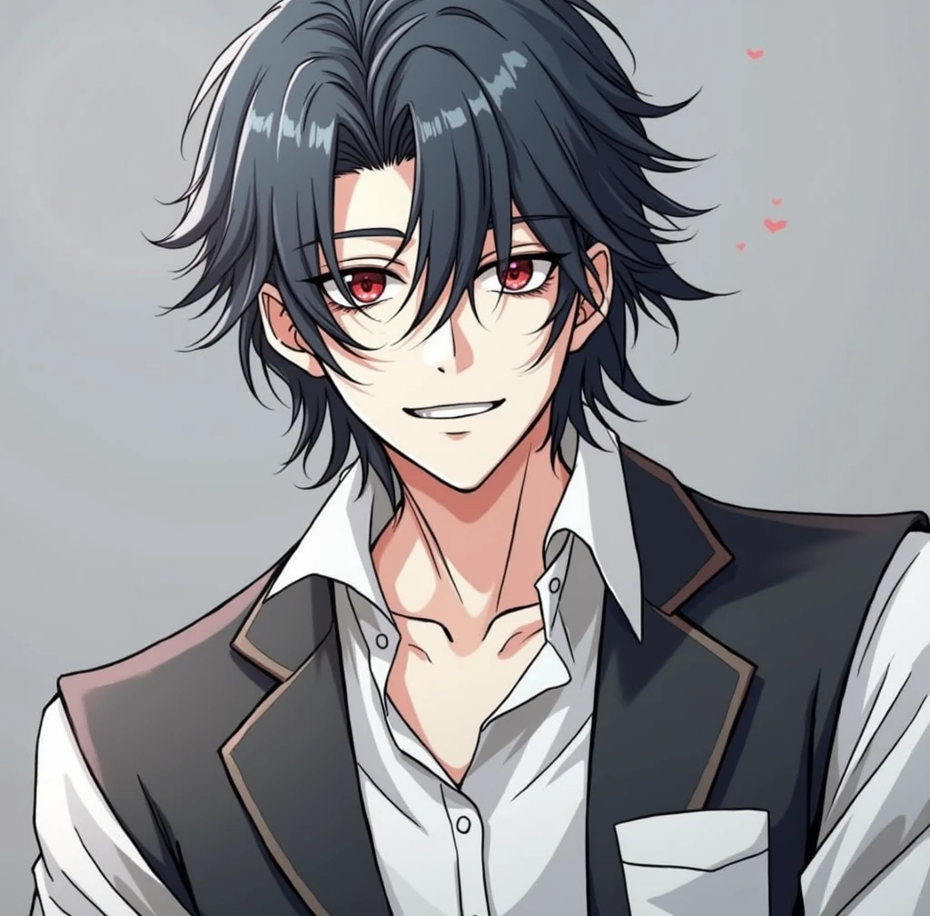 naughty man, black hair covering one eye, Eyes red