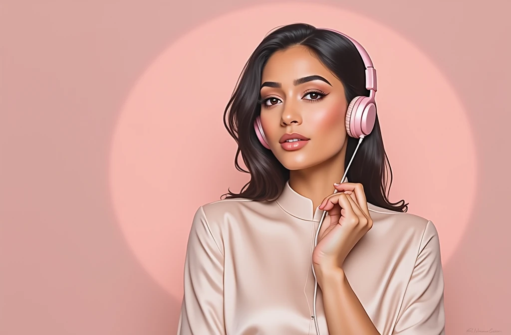 Huda Kattan look a like, wearing headphone