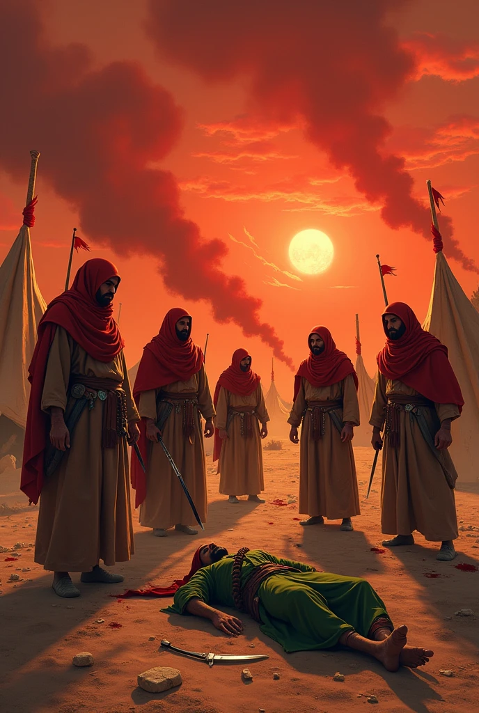 Sun set, blood sky, burning tents, burning date trees, 7 men which wear Proper red hijab who stand outside the tents,hand was full of bloody wood and sword etc. a bloody ground, javelin, sword, Arrow everywhere on ground, Arrows from sky, fire woods, a army which wear read hijabs and going towards burning tents, a men which wear Proper green hijab and battle dress which falling on ground and a javelin across his chest

All thing are ancient only
