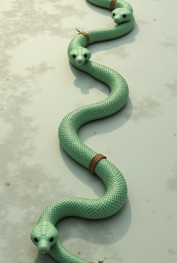 3 distinct light green beads, crawling in line, one after the other. realistic drawing. cement floor. Only 1 brown ring on each of the 3 snakes Top view.