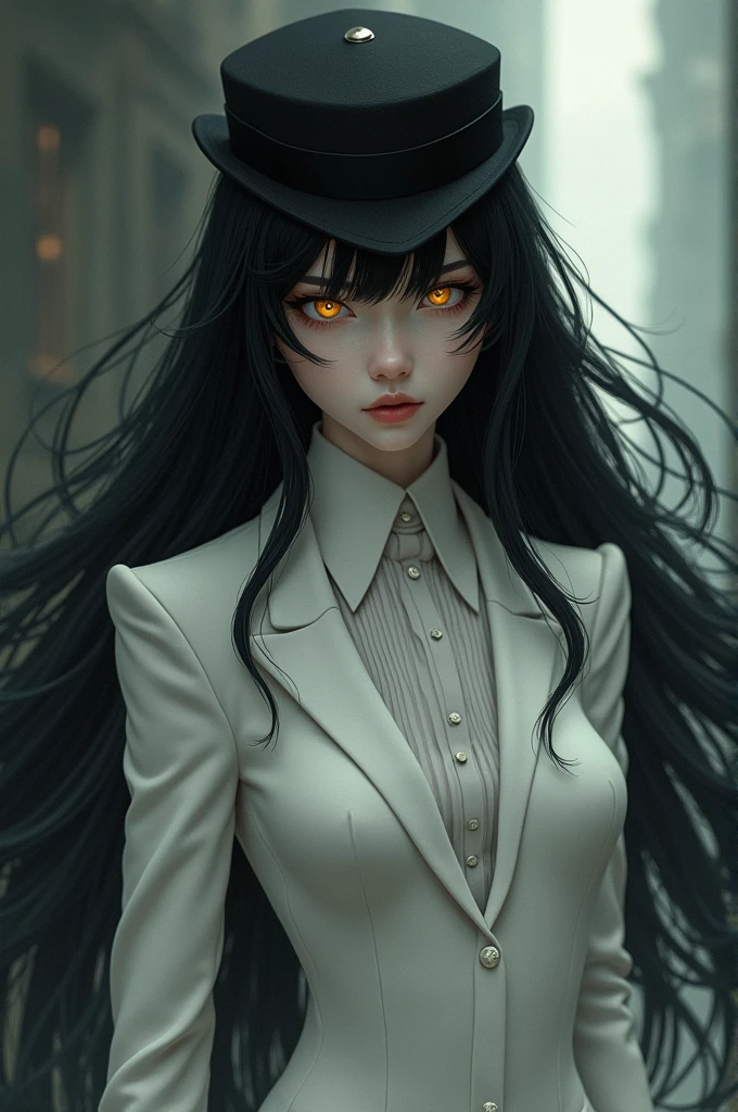 Long black hair with a little black hat white suit and yellow eyes