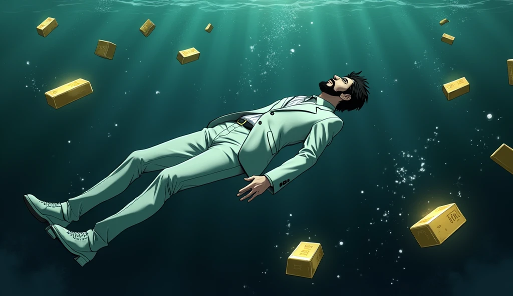 Create a anime style landscape image. an anime style under the water image showing a surreal and dramatic scene of a male person in a white suit, white shoes, and sinking into deep, The man has  dark medium hair, thik medium beard and light skin, dark waters, surrounded by floating gold bars. The figure appears to be floating helplessly, as if falling through the water, with their arms means hands and legs extended and head tilted back. and "his body is oriented horizontally with his back facing the viewer".  The gold bars around the person seem to be floating and tumbling through the water, giving the impression of wealth lost in the chaos. The mood should be somber and intense, highlighting themes of loss, wealth, and the overwhelming force of destruction. Camera view left side long shoot.