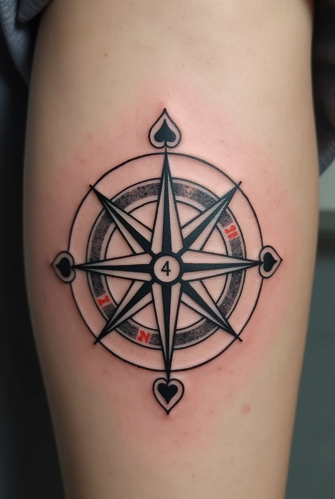 "tattoo design: In the middle, an equilateral triangle with three lines coming out from each vertex, forming a three-pointed star (Supernatural anti-possession symbol). Surrounding the triangle, A stylized compass with poker signs (hearts, diamonds, clubs and spades) at the ends corresponding to the cardinal points. In the middle de la brújula, the number 4. The outline of the compass has a space for a phrase in Nahuatl: 'I'll see you at Mictlan, sierra'. The style of the tattoo is minimalist and elegant, with clean lines and subtle details. The colors are mainly black and gray, with possible touches of red or blue to highlight details