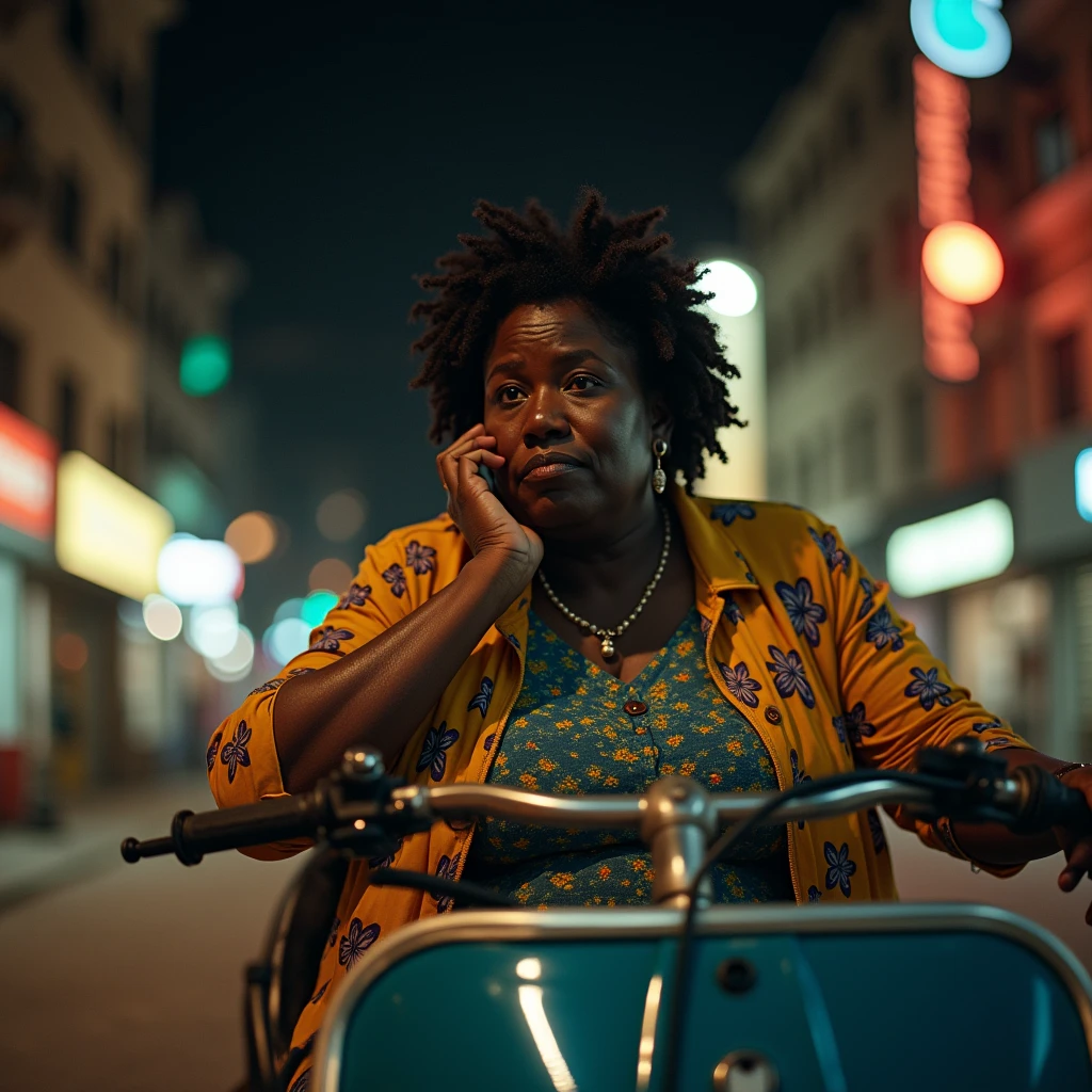 Vintage photograph of a plump old lady like ((aero auto-rickshaw racer)) with ((Senegalese twisted hair)) that he wears (vintage clothes), vestita with reggiseno sportivo blu, leggings blu, smooth texture, illuminated buildings, urban environment, night environment, hand on face, slightly inclined, intense look, first floor, angle at eye level, shallow depth of field, in the lair of a mythical beast, cinematic lighting,(from below:1.5),girato with Panasonic Lumix s5 with Lumix s PRO 70-200mm f-2.8 The.I.s,photo by Patrick Demarchelier