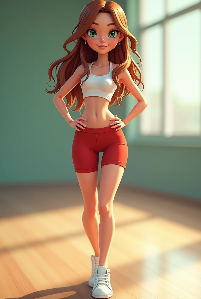  woman,slim,beautiful,large eyes,green eyes, Whole body, wide face, Wide nose, thick lips,hair, chestnut,seeds,, hair largo, staring straight into the camera,with tight red sports shorts,white top,,white tennis shoes,de Whole body,standing, with hands on waist, happy 
