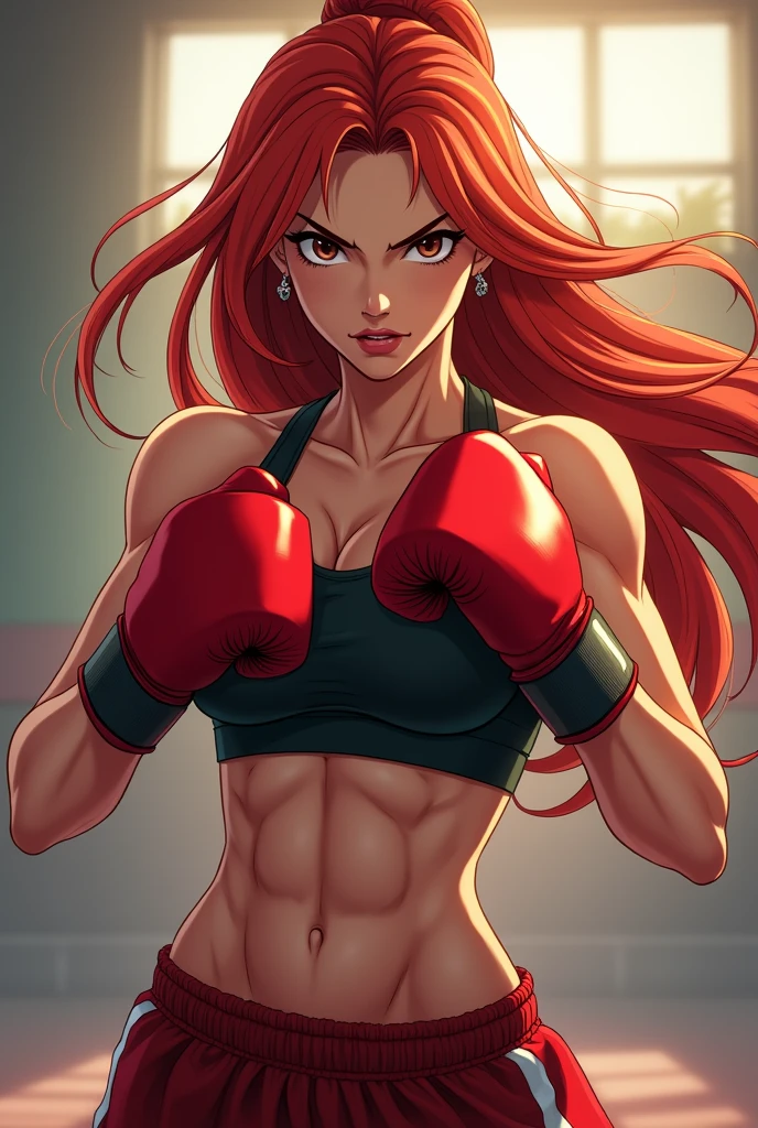 Girl with long red hair, musclegirl, ferocious, pretty, eyes browns, kickboxing fighter, Caucasian skin, アニメ, boxing gloves