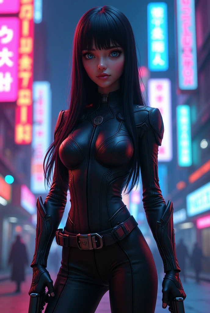 (Realistic 4k full body portrait, slim 18s girl, long straight black hair, long bangs. The girl is an Avenger, she has a superheroine leather suit. She has weapons in both hands. Her face is cute and she has big blue eyes. The background is a very realistic night Cyberpunk city with lots of magenta and blue bright neon signs.