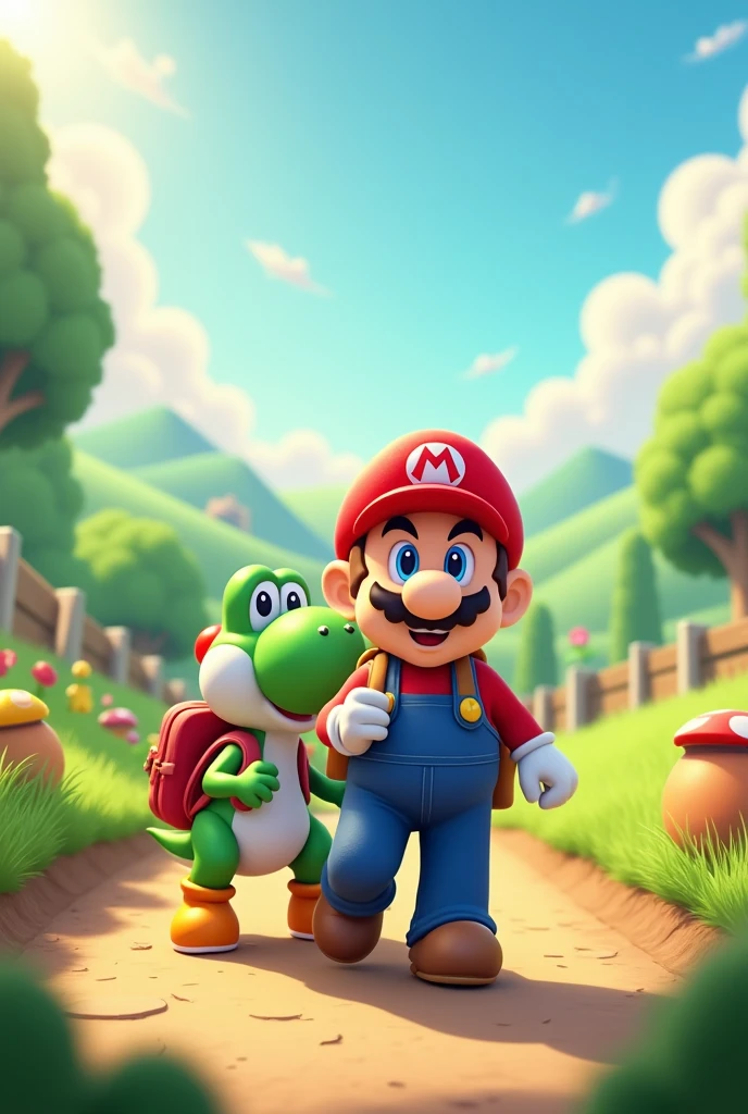 Happy Mario Bros with his red shirt and denim overalls with a backpack and happy Yoshi the dinosaur with a backpack on the way to preschool