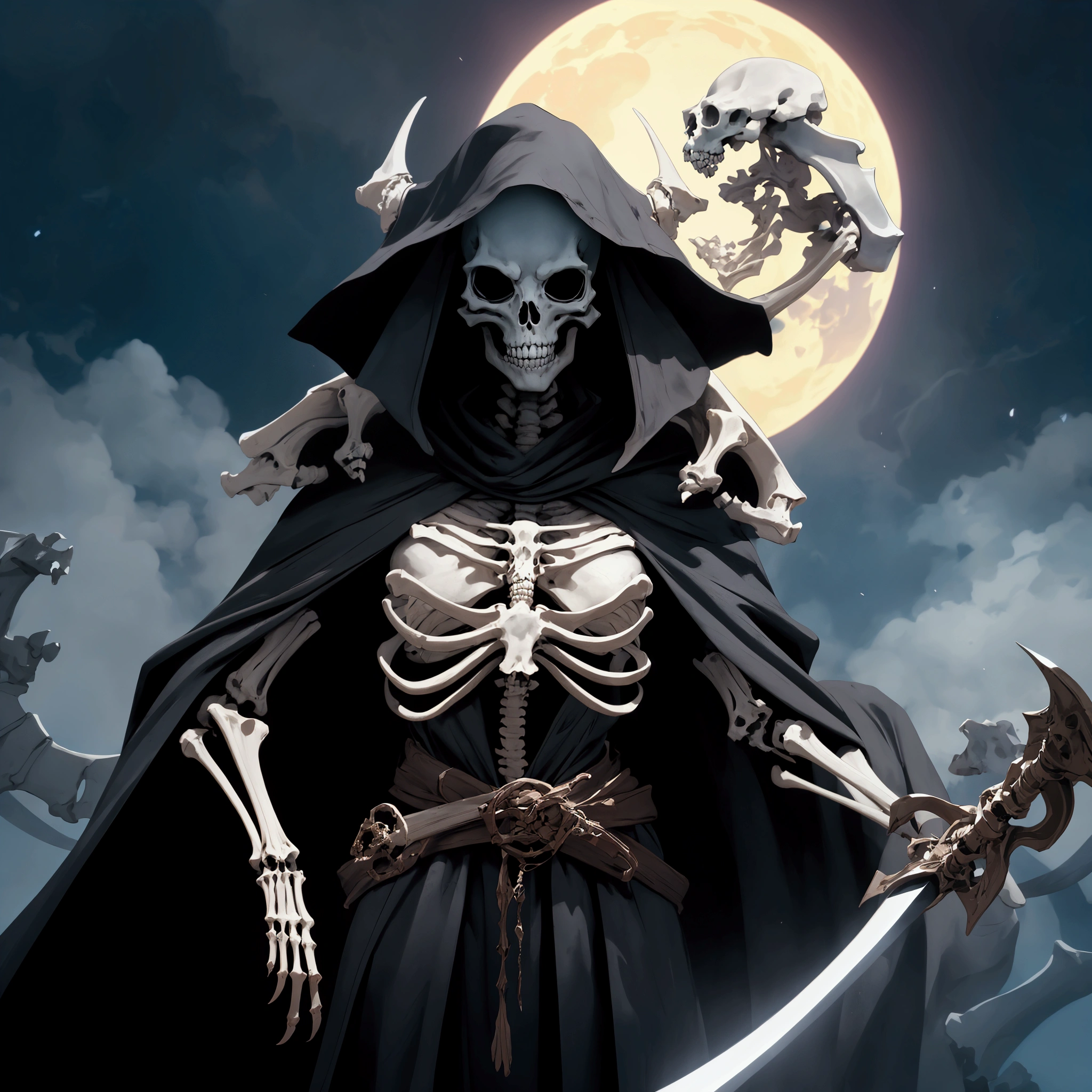 envision a 8k, highres, realistic, cinematic, dynamic, close up portrait of a giant skeleton monster woman made of bones large enough to fill the sky wearing a long flowing robe and cape wielding a giant bone scythe in a dark fantasy style against a dark gray background