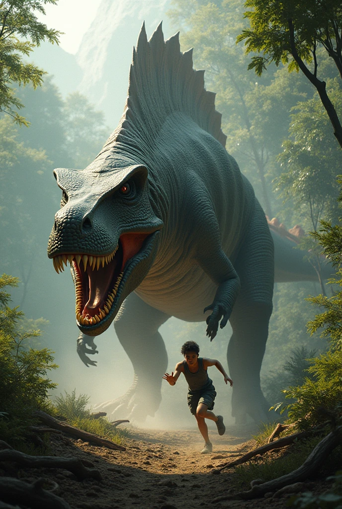 A spinosaurus trying to eat a human