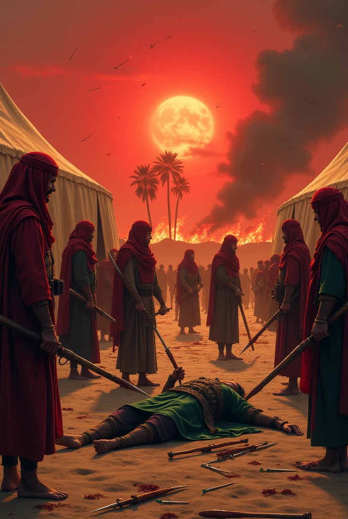 Sun set, blood sky, burning tents, burning date trees, 7 men which wear Proper red hijab who stand outside the tents,hand was full of bloody wood and sword etc. a bloody ground, javelin, sword, Arrow everywhere on ground, Arrows from sky, fire woods, a army which wear read hijabs and going towards burning tents, a men which wear Proper green hijab and battle dress which falling on ground and a javelin across his chest

Green men chest was full of arrows

All thing are ancient only