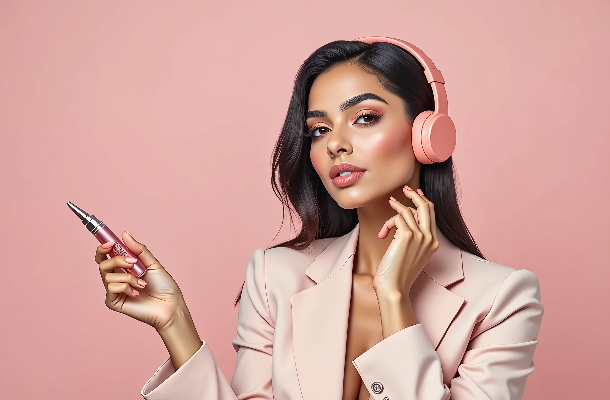 Huda Kattan look a like, wearing headphone