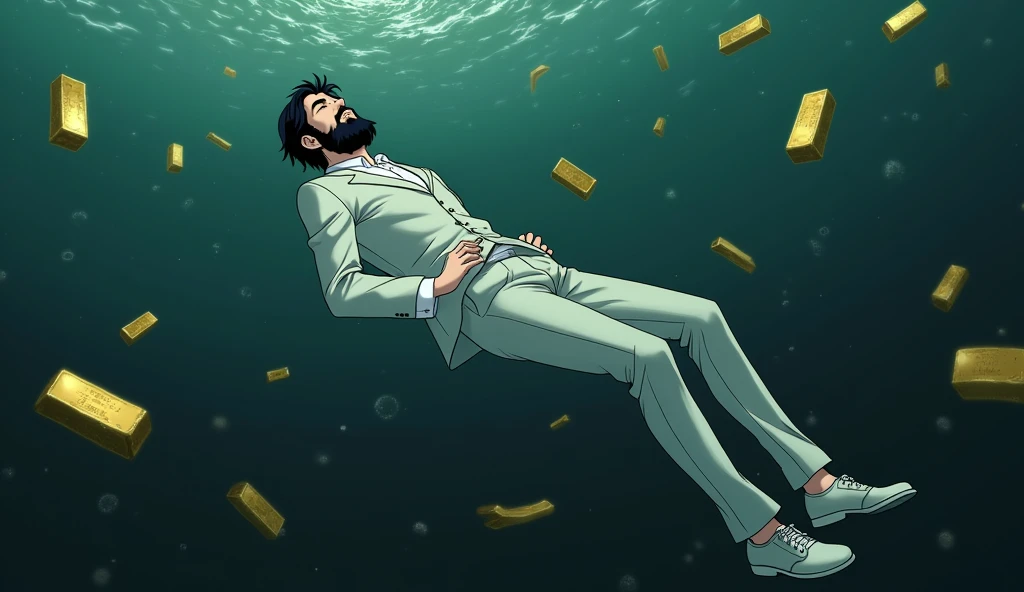 Create a anime style landscape image. an anime style under the water image showing a surreal and dramatic scene of a male person in a white suit, white shoes, and sinking into deep, The man has dark medium hair, thik medium beard and light skin, dark waters, surrounded by floating gold bars. The figure appears to be floating helplessly, as if falling through the water, with their arms means hands and legs extended and head tilted back. and "his body is oriented horizontally with his back facing the viewer". The gold bars around the person seem to be floating and tumbling through the water, giving the impression of wealth lost in the chaos. The mood should be somber and intense, highlighting themes of loss, wealth, and the overwhelming force of destruction. Camera view left side long shoot. 4k, ultra high quality, UHD, ULTRA HD.