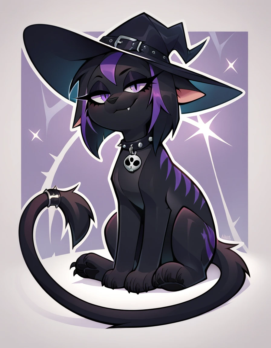 (score_9, score_8_up), score_7_up, score_6_up, best quality, highest quality, (feral), Goth girl, cat, furry, anthro, sitting, solo, official style, (witch hat), animal, (body fur), (black body, black skin, black fur), eyelashes, eyeliner, (black hair, purple hair, streaked hair), (messy hair, wild hair), animal ears, slit pupils, expressive eyes, beautiful eyes, smirk, fang, purple stripes, thin tail, tail ring, punk, piercings, collar, stockings, paws, uncensored, detailed background, jizoku