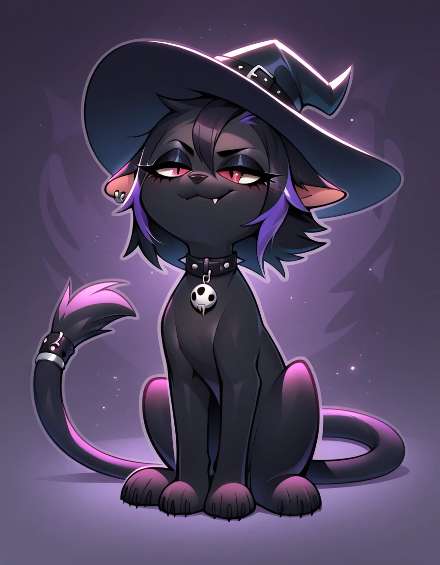 (score_9, score_8_up), score_7_up, score_6_up, best quality, highest quality, (feral), Goth girl, cat, furry, anthro, sitting, solo, official style, (witch hat), animal, (body fur), (black body, black skin, black fur), eyelashes, eyeliner, (black hair, purple hair, streaked hair), (messy hair, wild hair), animal ears, slit pupils, expressive eyes, beautiful eyes, smirk, fang, purple stripes, thin tail, tail ring, punk, piercings, collar, stockings, paws, uncensored, detailed background, jizoku