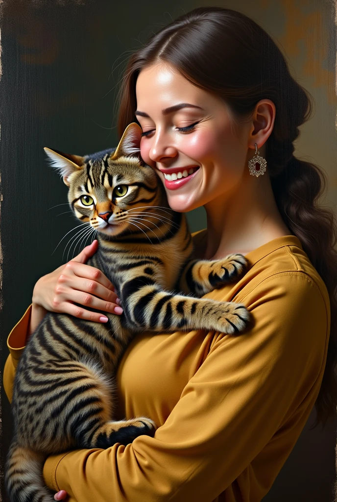 oil painting of a happy woman with a brown kitten with black stripes .with the cat in his left arm , heavy brush strokes, paint drops, Baroque, emotional intensity, Dutch Golden Age, time, cell shaded layered image, , Very detailed, Intricate, volumetric lighting, gorgeous, masterpiece, sharp focus, depth of field, perfect composition, Acrylic painting, pixiv fanbox trends, spatula and brush strokes, 16k hi-nothing, HD