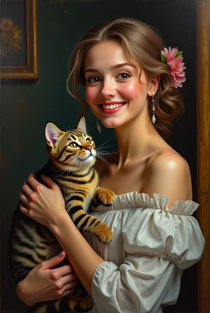 oil painting of a happy woman with a brown kitten with black stripes .with the cat in his left arm , heavy brush strokes, paint drops, Baroque, emotional intensity, Dutch Golden Age, time, cell shaded layered image, , Very detailed, Intricate, volumetric lighting, gorgeous, masterpiece, sharp focus, depth of field, perfect composition, Acrylic painting, pixiv fanbox trends, spatula and brush strokes, 16k hi-nothing, HD