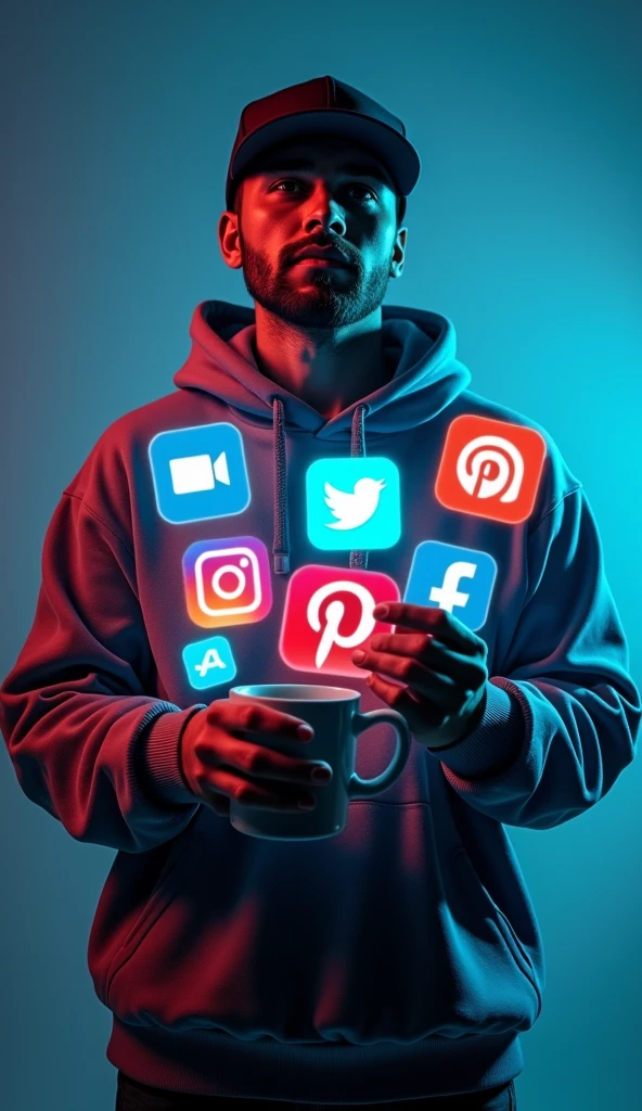 a professional social media cover photo, 1person, marketer numhb-mrk, holding social media icons, wearing t-shirt, mug, hat, hoodie, vector graphic, minimalist, clean composition, high contrast, dynamic lighting, cinematic mood, digital art