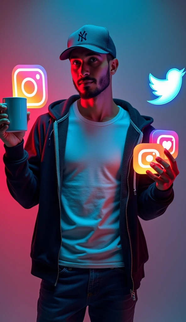 a professional social media cover photo, 1person, marketer numhb-mrk, holding social media icons, wearing t-shirt, mug, hat, hoodie, vector graphic, minimalist, clean composition, high contrast, dynamic lighting, cinematic mood, digital art
