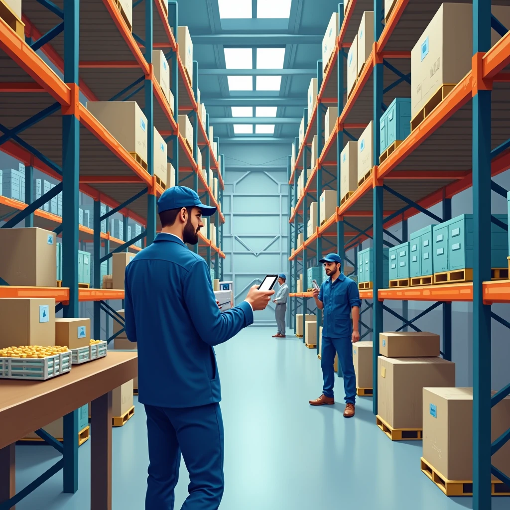 The image depicts an Ozon warehouse worker responsible for placing goods in the mezzanine. The worker is dressed in a blue uniform. He is holding a data collection terminal (DCT) in one hand, which he received from the supervisor, and is executing the task displayed on the device. In front of him is a table with various containers. The worker is moving through the aisle, heading towards the mezzanine, where he needs to place the goods. The mezzanine is equipped with numerous shelves and compartments designed for storing items. In the background, other employees and warehouse racks are visible, emphasizing the dynamic nature of the warehouse process.