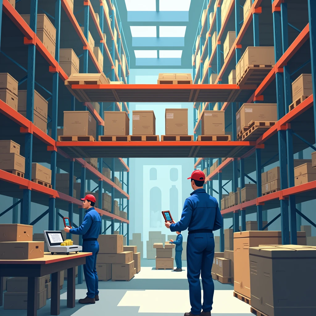 The image depicts an Ozon warehouse worker responsible for placing goods in the mezzanine. The worker is dressed in a blue uniform. He is holding a data collection terminal (DCT) in one hand, which he received from the supervisor, and is executing the task displayed on the device. In front of him is a table with various containers. The worker is moving through the aisle, heading towards the mezzanine, where he needs to place the goods. The mezzanine is equipped with numerous shelves and compartments designed for storing items. In the background, other employees and warehouse racks are visible, emphasizing the dynamic nature of the warehouse process.