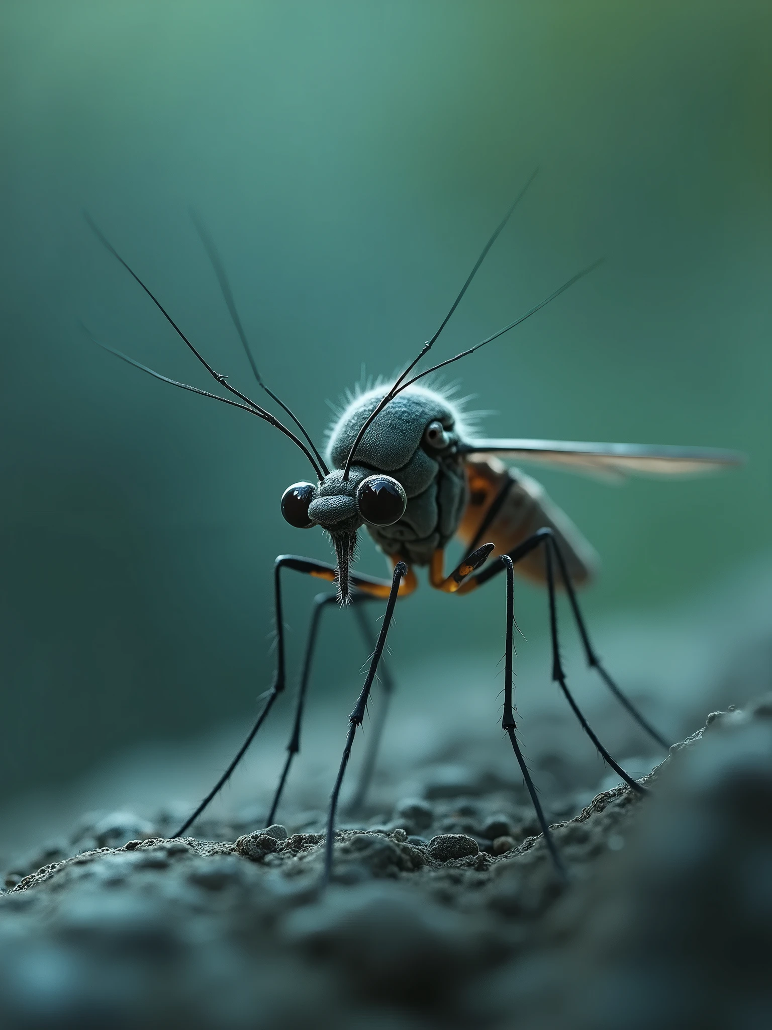 Cute scary mosquito with giant eyes, ultrarealistic full body, Cinematic Lights, detaileds, blurred elements around, green and blue gradient cores, 8K ar16:9