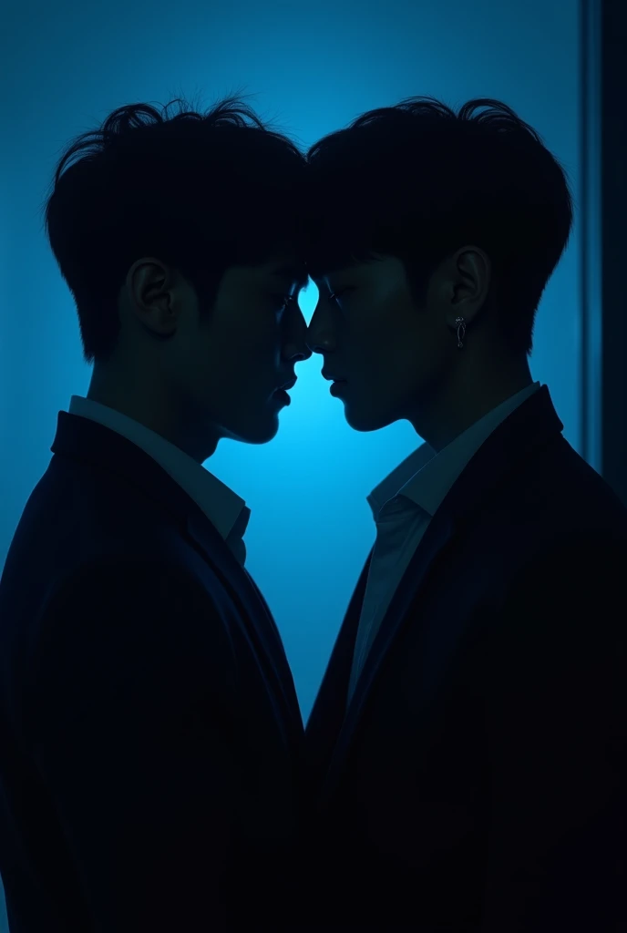 eux tu faire deux hommes en train de se regarder mantiquement de vue de dos dans le noir ou on voit ste les silouhettes. Je veux qu'on voit que leurs ombre Je veut qu'on voit que leurs silhouette. Je veux pas d'on voit leurs visage. Une image ou que les visage ont vu pas le corp. Plus rapprocher leurs visgae. Deux ommes apparence coreen. Je veux que l'image ssemble à la couverture de l'album de taeyeon to x. n homme avec des lèvres plus pulpeuses et un visage. Un homme avec un air innocent, visage rond et livre pulpeuse et l’autre un homme d’affaire avec sa silhouette dans le noir complet avec une lumière bleu