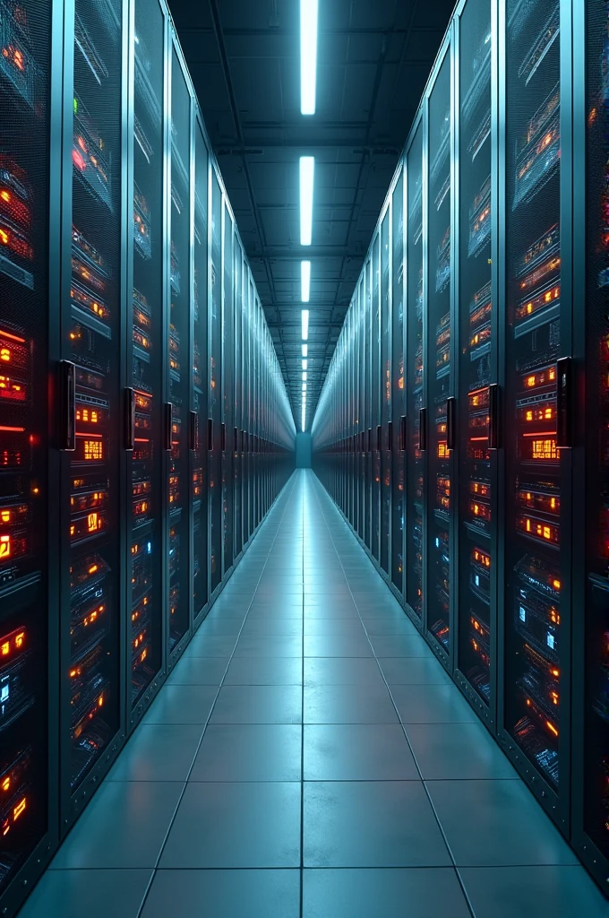 Data centers filled with rows and rows of servers as blinking light indicate constant processing