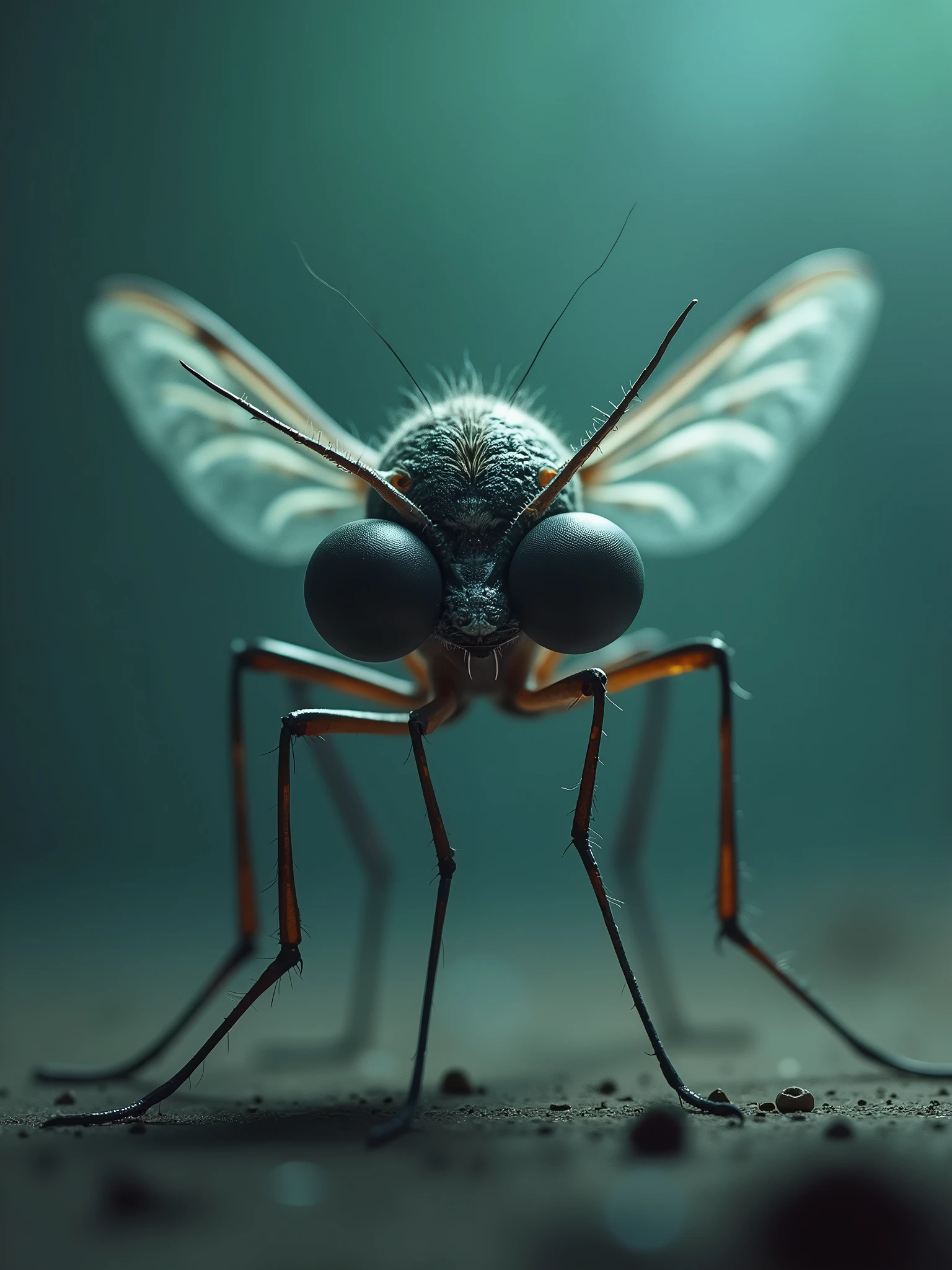 Cute scary mosquito with giant eyes, ultrarealistic full body, Cinematic Lights, detaileds, blurred elements around, green and blue gradient cores, 8K ar16:9