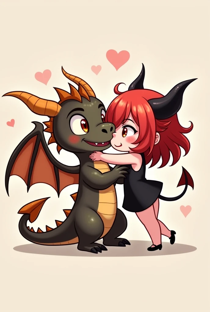 A male dragon with large brown wings along with a red-haired succubus in a short black dress, both in chibi form.