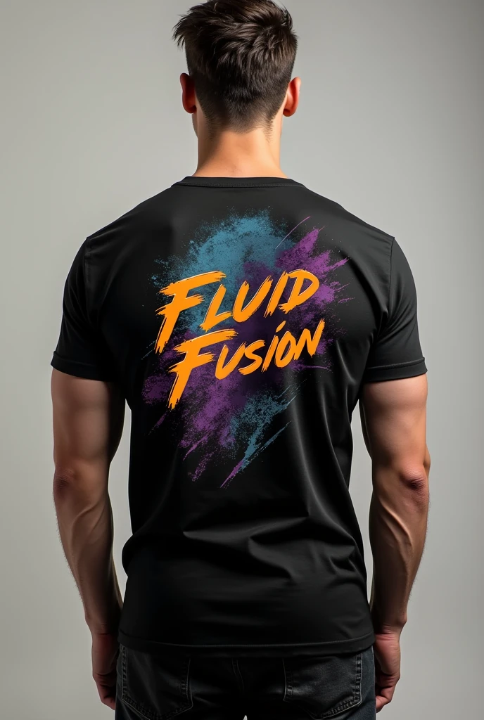 black shirt with the name fluid fusion on the back