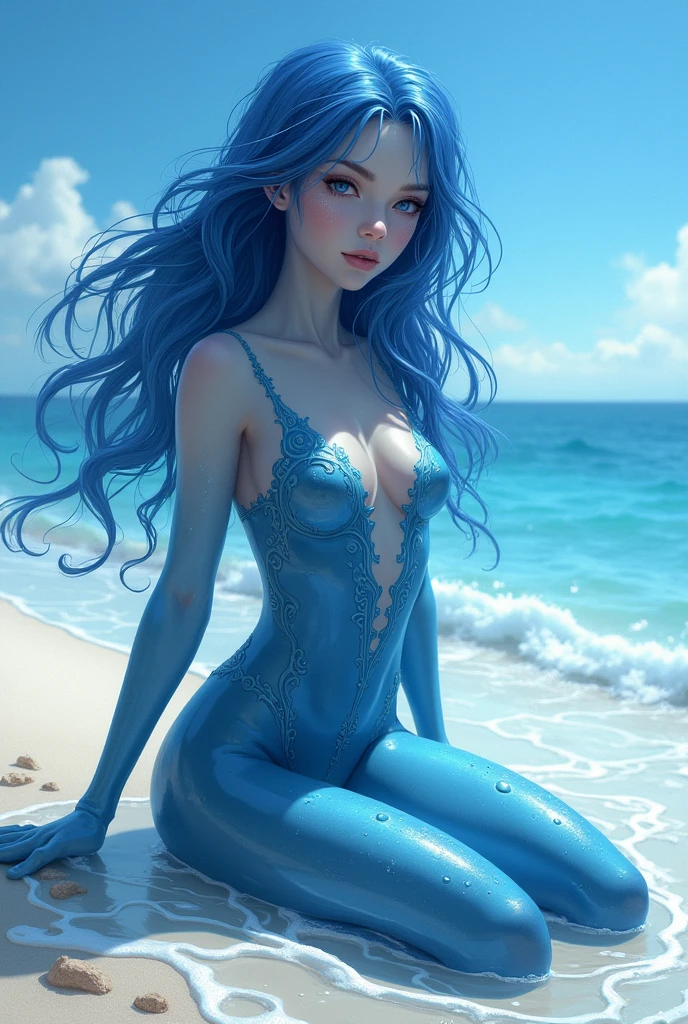 A sleek, sexy dark blue female water elemental sitting on a white beach before the sea.