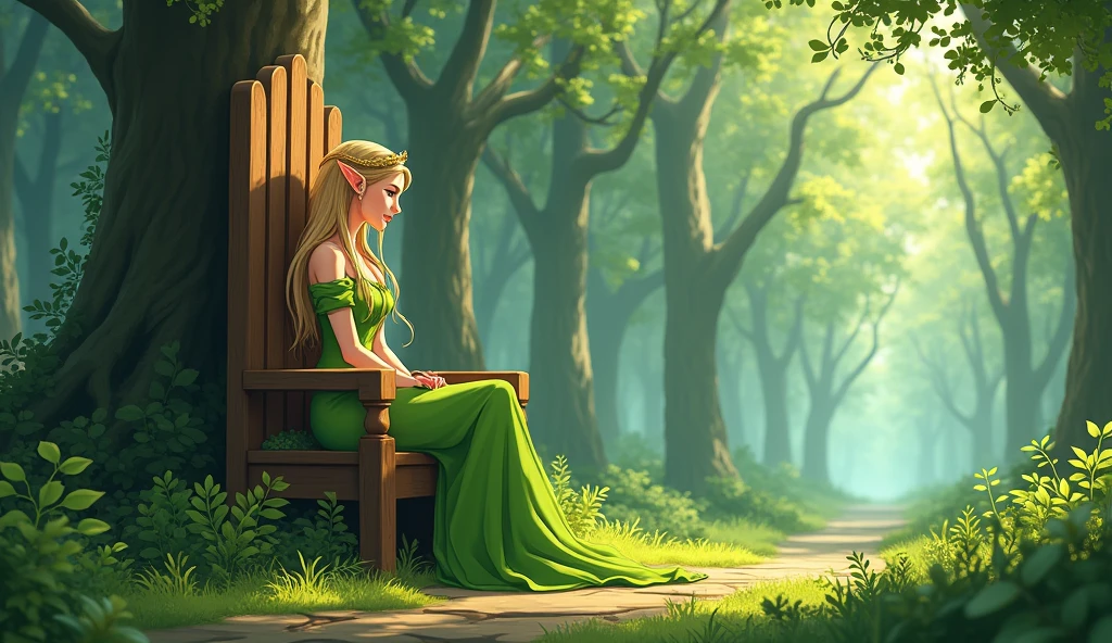  anime aestetics, anime scenery, green forest, throne made of wood, elf woman sitting on the throne, beautiful slim face, elven ears, long blonde hair, braid haircut, beautiful bright green dress, wearing golden tiara, bright day, landscape scenery, oak trees and pine trees on the background, wide shot, view from left, atmospheric perspective,4k, best quality, super detailed, (masterpiece: 1.5), 16k
