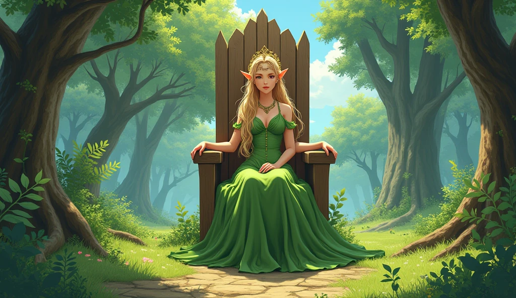 anime aestetics, anime scenery, green forest, throne made of wood, elf woman sitting on the throne, beautiful slim face, elven ears, long blonde hair, braid haircut, beautiful bright green dress, wearing golden tiara, bright day, landscape scenery, oak trees and pine trees on the background, wide shot, view from left, atmospheric perspective,4k, best quality, super detailed, (masterpiece: 1.5), 16k
