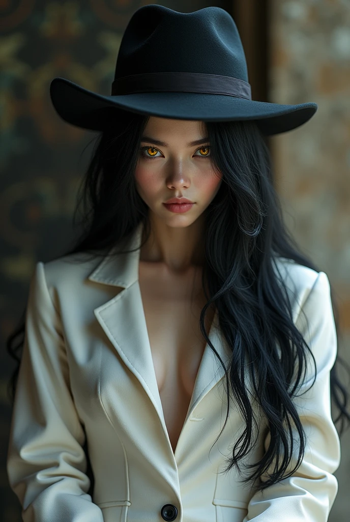 Long black hair with a little black hat white suit and yellow eyes