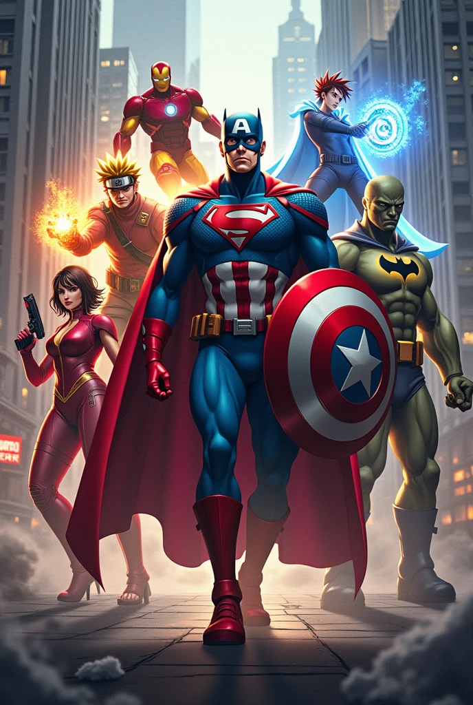 captain America,Batman,Flash,the hulk,black Widow,Ghost Rider,tony stark,Goku,Naruto and Luffy in the same image