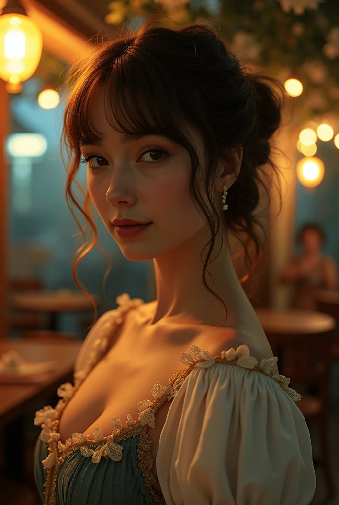 ((masterpiece:1.4, Highest quality)), (Realistic photos:1.4),
((1girl)), (Otherworldly beauty), (dream-like),
(High resolution:1.2), Very delicate and beautiful, wonderful, Very detailed CG Unity 8k wall paper, Very detailed, High resolution,
Soft Light, Beautiful detailed girl, Very detailed eyes and face, Beautiful and detailed nose, Beautiful and detailed,
(Dressed in late 19th century French costume:1.3), (In front of the cafe at night:1.3),
Cinema Lighting, Perfect Anatomy, Slender body, (Parted bangs),
(The world of impressionist painting:1.5), (Impressionist light and colour), (「Cafe terrace at night」),
Cowboy Shot, ((full body))