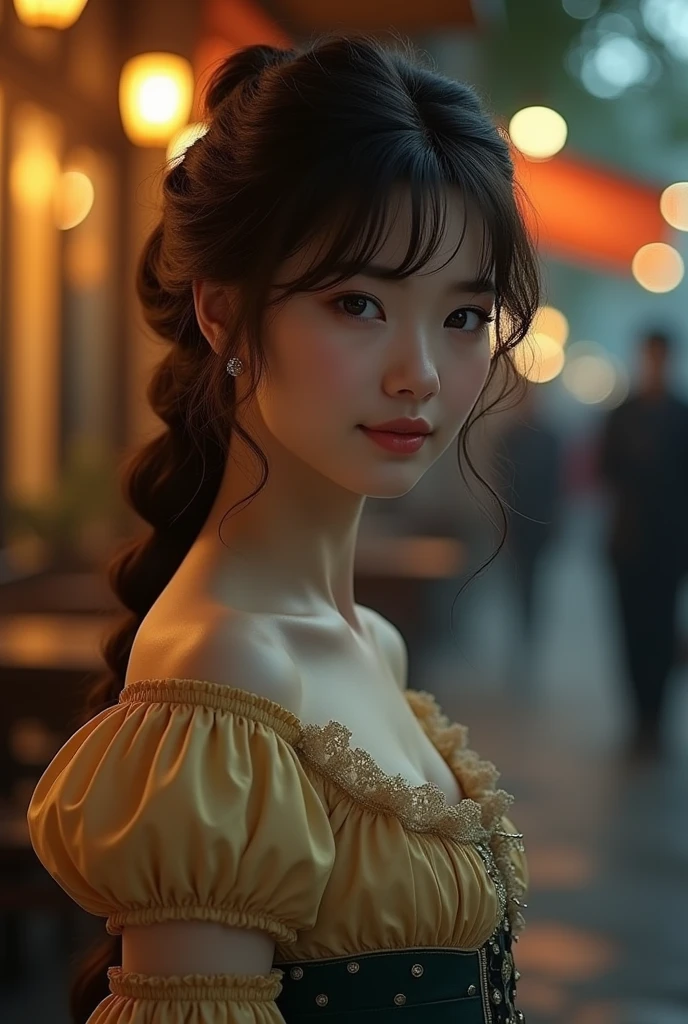 ((masterpiece:1.4, Highest quality)), (Realistic photos:1.4),
((1girl)), (Otherworldly beauty), (dream-like),
(High resolution:1.2), Very delicate and beautiful, wonderful, Very detailed CG Unity 8k wall paper, Very detailed, High resolution,
Soft Light, Beautiful detailed girl, Very detailed eyes and face, Beautiful and detailed nose, Beautiful and detailed,
(Dressed in late 19th century French costume:1.3), (In front of the cafe at night:1.3),
Cinema Lighting, Perfect Anatomy, Slender body, (Parted bangs),
(The world of impressionist painting:1.5), (Impressionist light and colour), (「Cafe terrace at night」),
Cowboy Shot, ((full body))