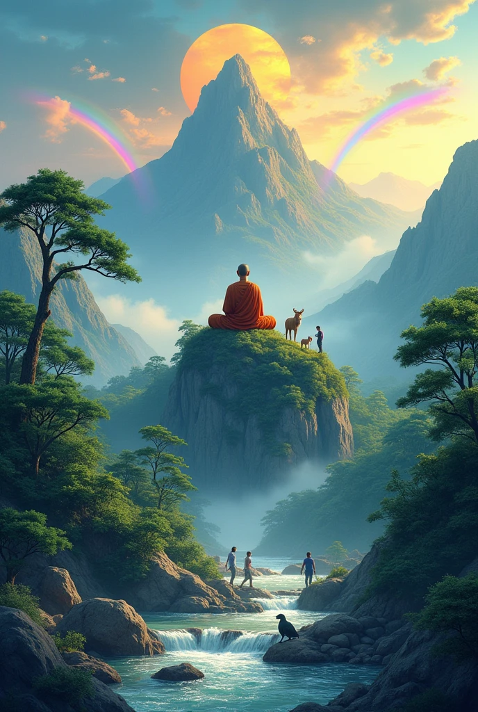 2d image Imagine yourself on a mountain, surrounded by forests, On top of the mountain, a buddhist man meditating present animals, In the distance a group is planting trees and cleaning a river.. They placed rainbows, the sun and stars