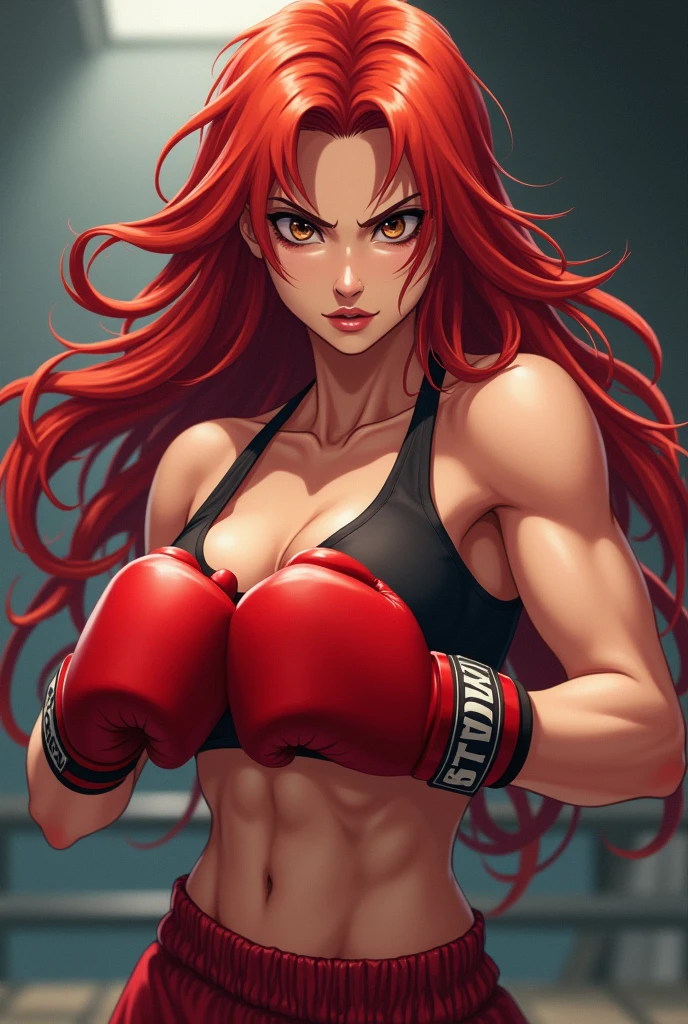 Girl with long red hair, musclegirl, ferocious, pretty, eyes browns, kickboxing fighter, Caucasian skin, アニメ, boxing gloves