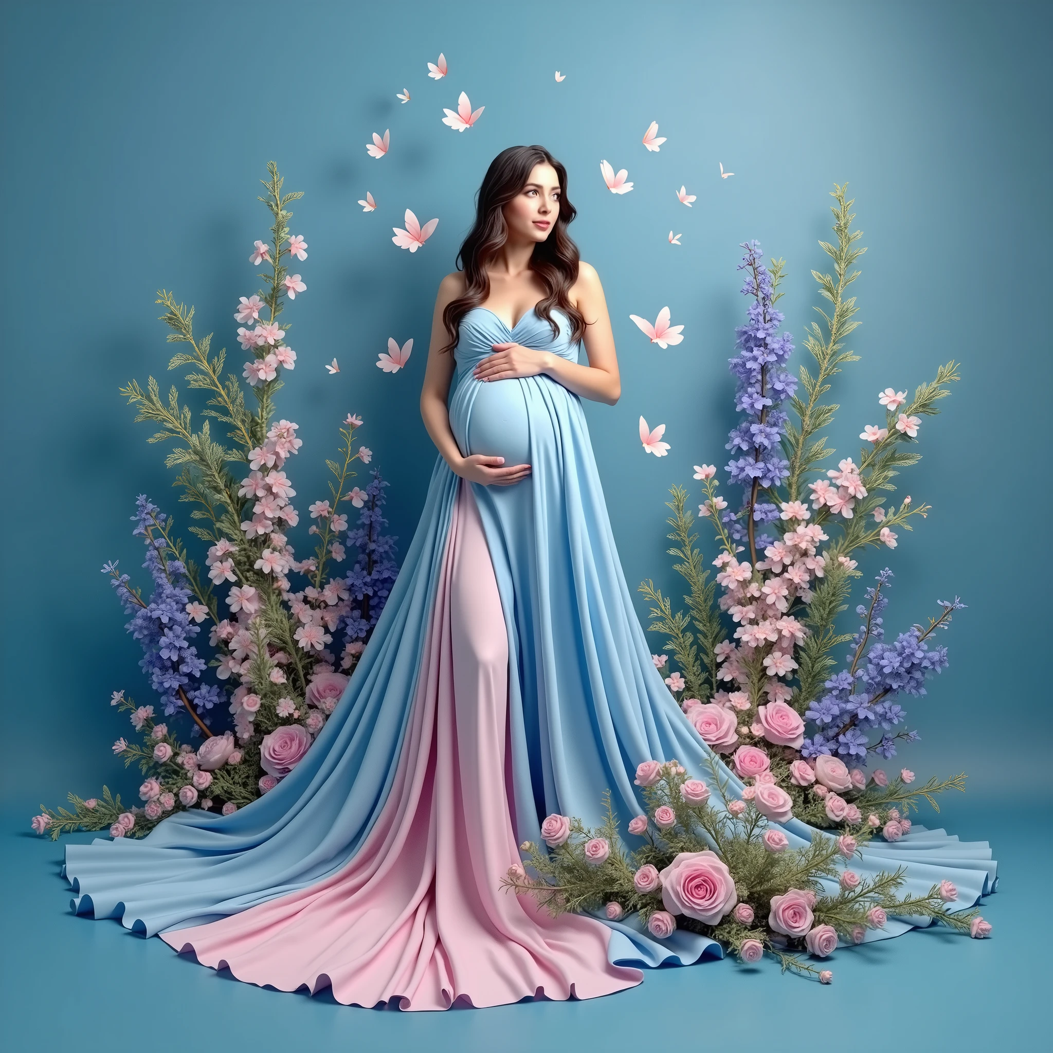 pregnant woman in a blue gown surrounded by flowers and butterflies, a colorized photo by Elena Guro, trending on cg society, conceptual art, blue and pink colors, blue and pink color scheme, blue and pink, maternal photography 4 k, pastel blues and pinks, pink and blue colors, pink and blue colour, blue and pink colour splash, pink and blue