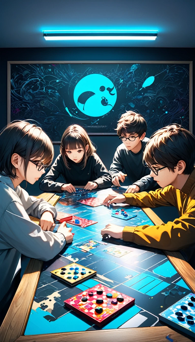 Two boys and girls playing board games，graphic design，Poster，Modern minimalist style，Fluorescent blackboard painting style， (best quality,4K,8k,high resolution,masterpiece:1.2),Extremely detailed。