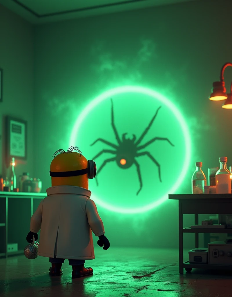 A corner of the lab with a green glowing space crack that just appeared, smaller but similar in city. A giant but smaller spider is crawling out of the gate, Minion Kevin in scientist suit turns around with a look of horror, hand still holding a laboratory instrument.